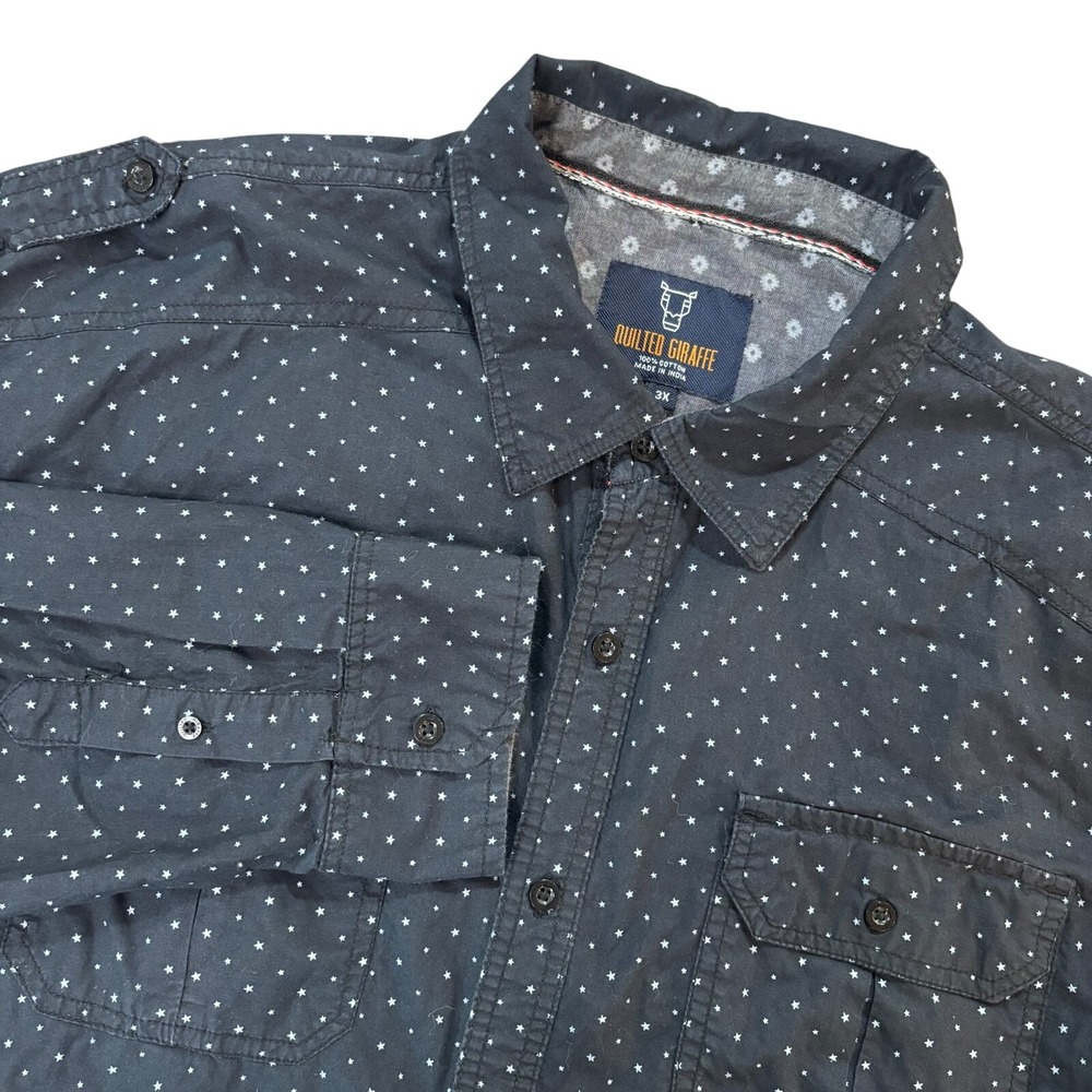 Quilted Giraffe Mens 3X Black Star Print Button Down Long Sleeve Shirt Cotton